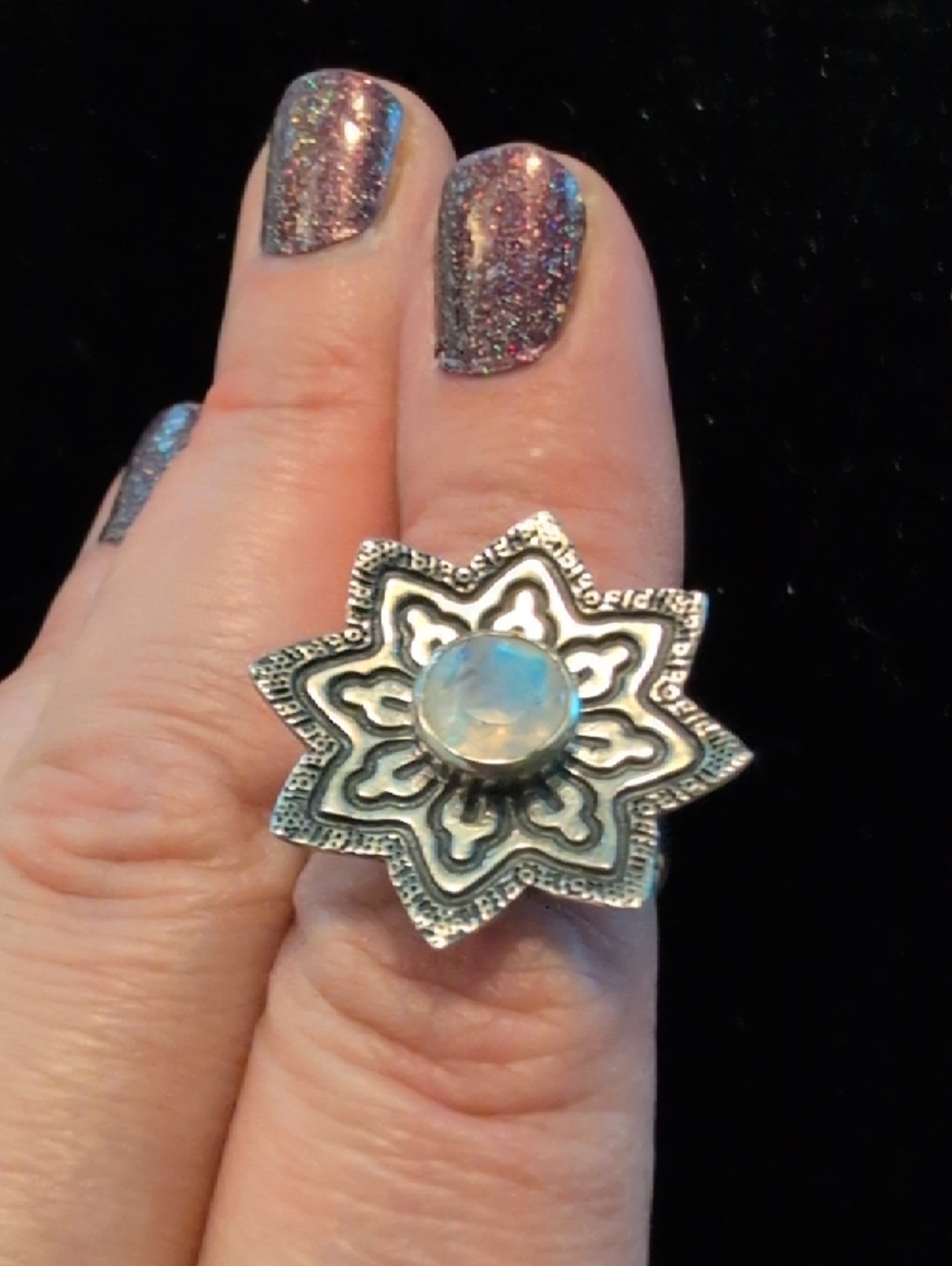 Sterling Silver Flower Ring with Opalite Accent